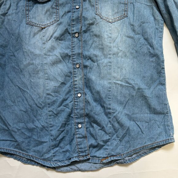Ci Sono Western Pearl Snap Denim Shirt Womens M Faded Elbow Patch Boho Roll Tab - Picture 6 of 16